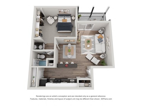 a stylized floor plan with a bedroom and living room